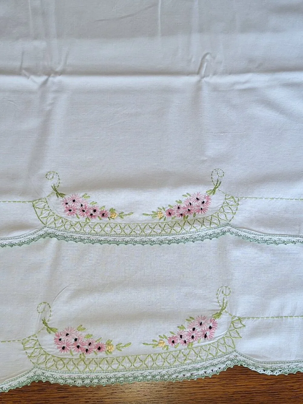 Embroidered Pillow Cases Pink Flowers & Green